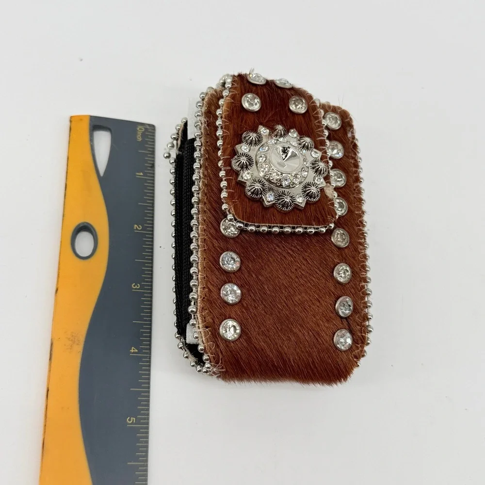 Montana West Phone Holster Small Brown Cowhide Rhinestone Y2K Western Clip